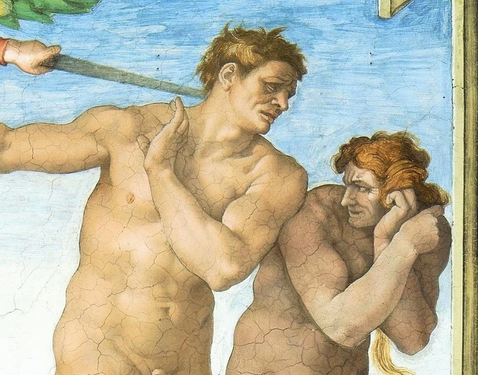 Driven out, the two have other faces. Eve cowers and looks back; Adam fends off the sword with both hands.