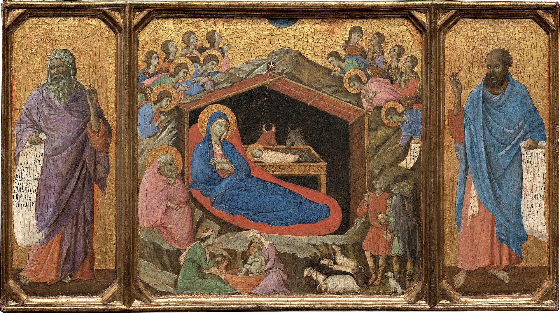 Duccio di Buoninsegna, The Nativity with the Prophets Isaiah and Ezekiel, 1308–11