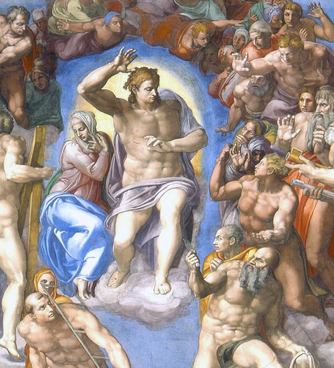 Christ's raised arm sets everything in motion. Mary turns aside and draws her cloak around her.