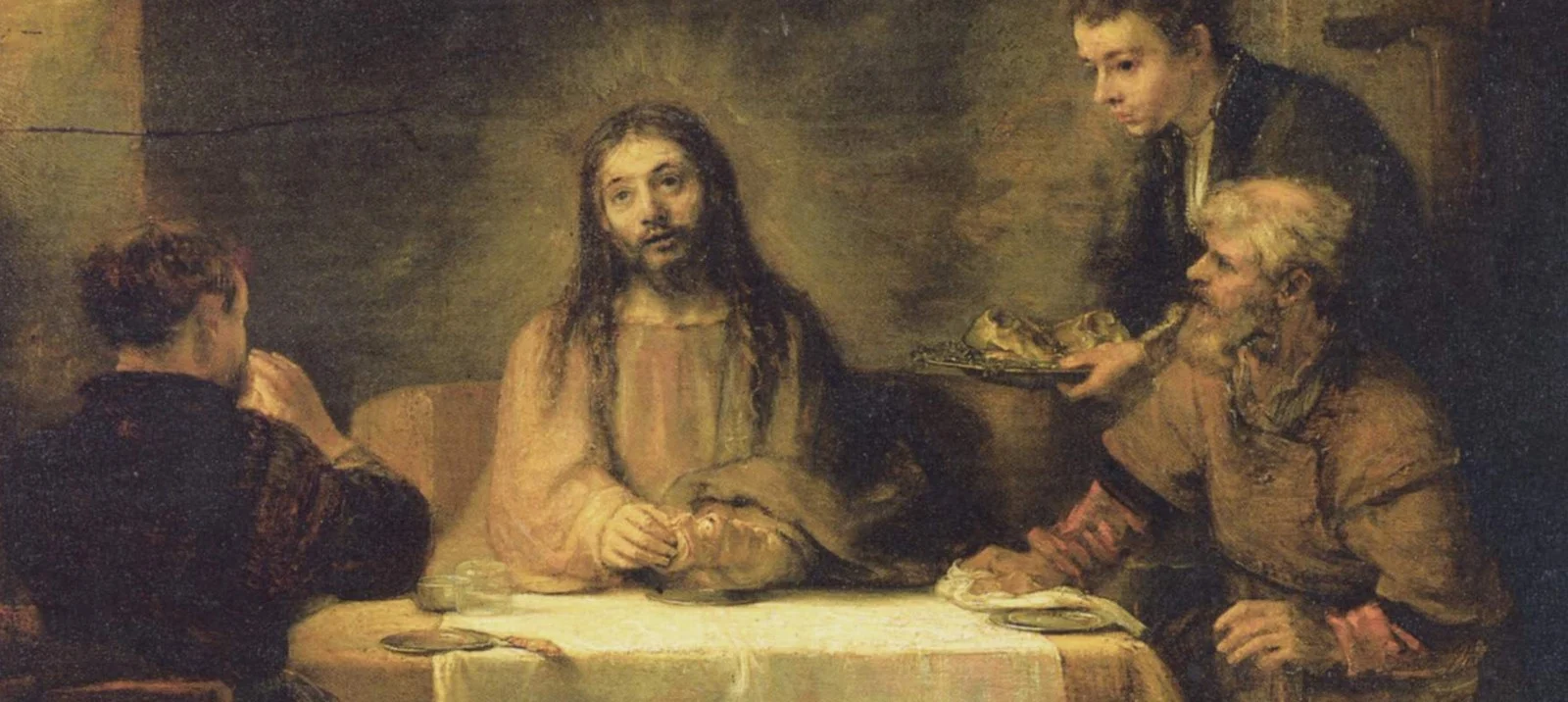 Christ looks upward as he breaks the bread. The disciple on the left has folded his hands; the one on the right leans back.