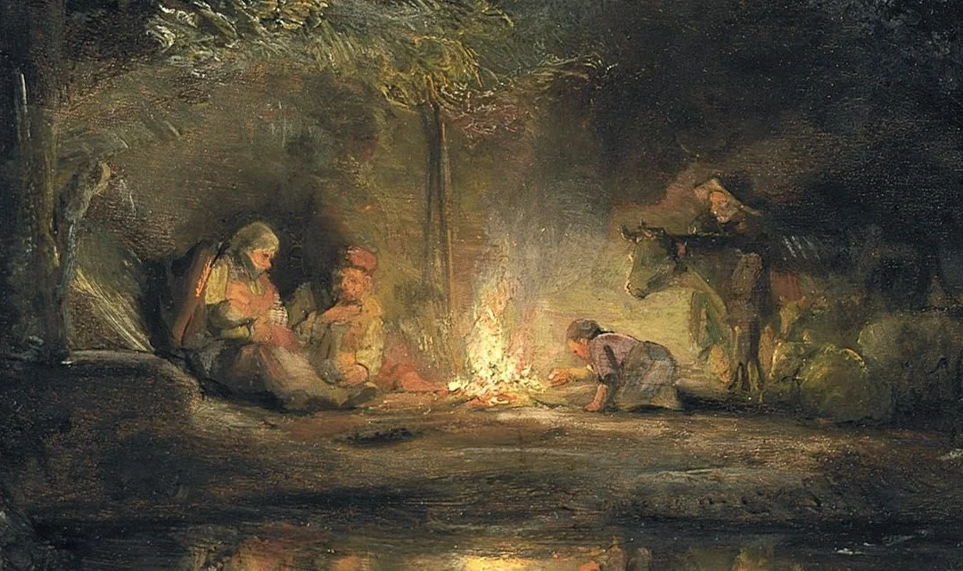 By the fire sit Mary with the child, Joseph, and shepherds with their animals.