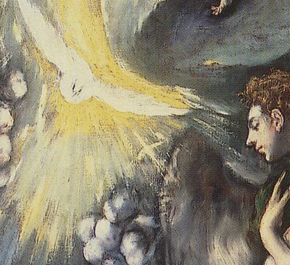 The dove comes down in a wedge of light, surrounded by the heads of cherubs.