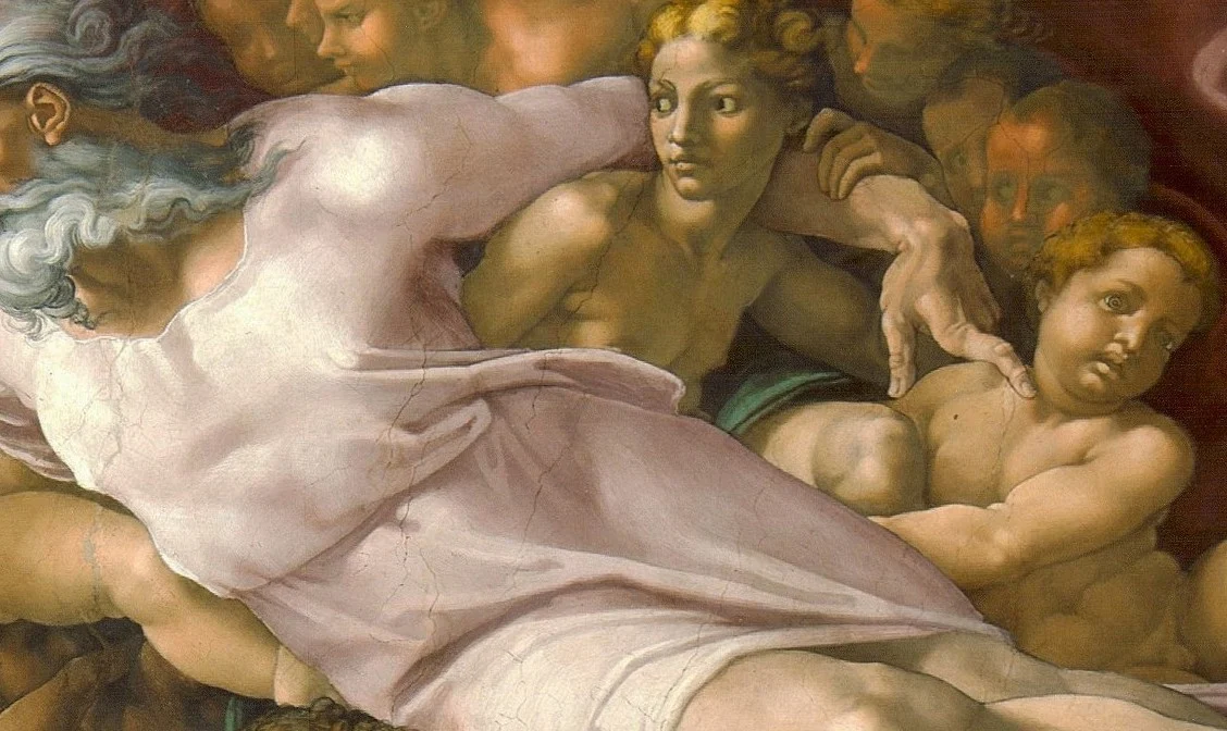 Under God's arm a young woman looks across at Adam. She has been read as Eve, not yet created, or as divine Wisdom.