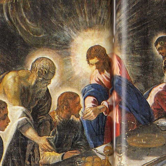 Christus, dessen Schein das zweite Licht des Bildes ist, reicht einem Jünger das Brot mit eigener Hand.