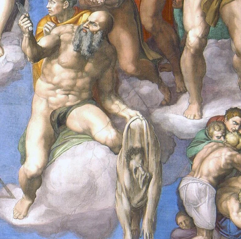 Saint Bartholomew holds his own flayed skin. The face on it is taken to be a portrait of Michelangelo.