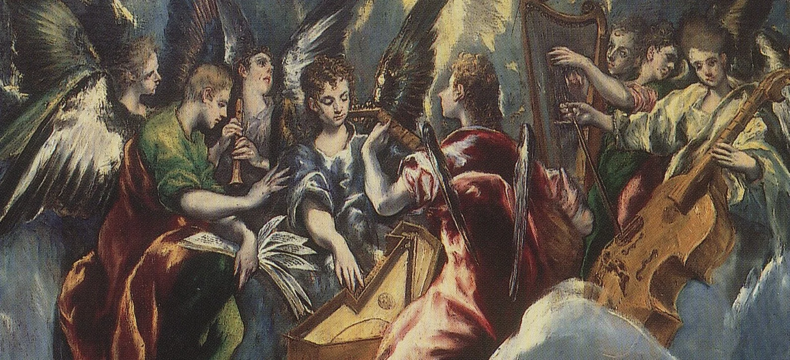 Above, a concert of angels with harp, viol and other instruments.