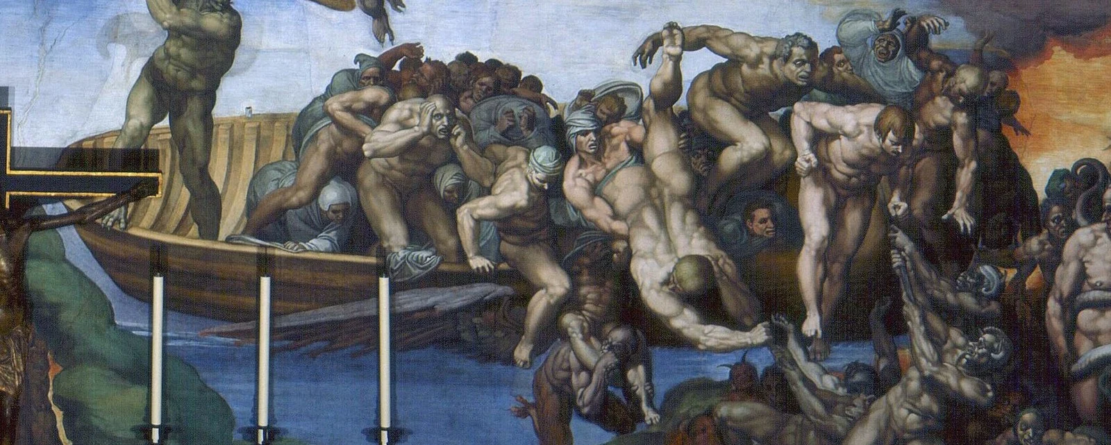 The ferryman Charon beats the damned out of his boat with the oar, a figure from Dante's Inferno.
