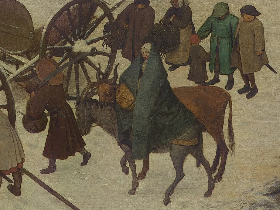 Mary rides wrapped in her cloak; Joseph walks ahead with a saw over his shoulder. Nothing marks them out but their place in the middle.