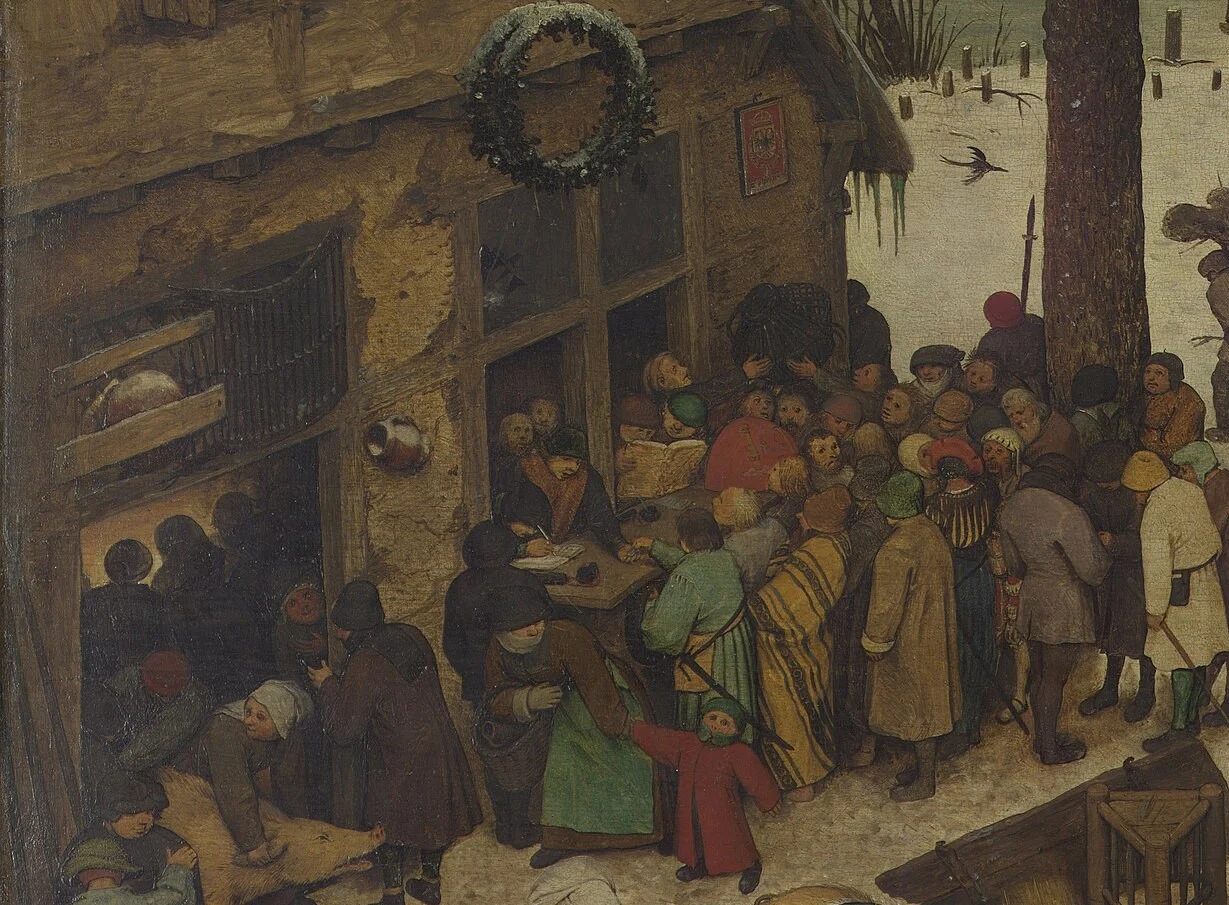 At the window of the inn money is counted and names are written down. Above the door hangs a wreath, the sign of a tavern.