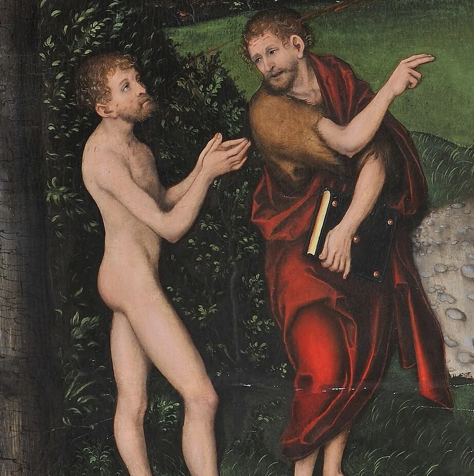 John the Baptist turns the naked man towards the cross and points. It is the same man who, on the other side of the tree, runs from death and the devil.