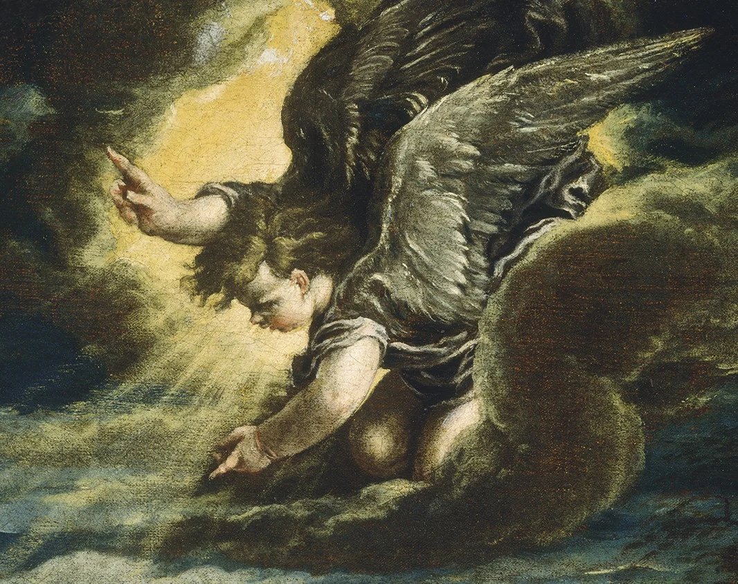 The angel comes out of the light head first, one arm stretched down towards the shepherds.