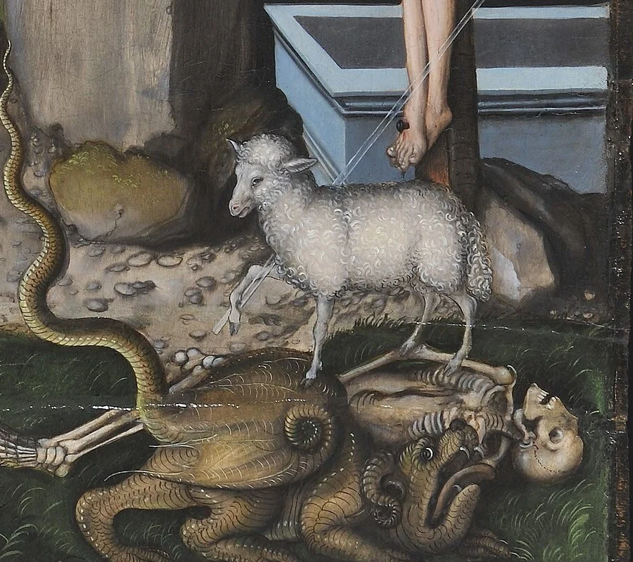 The Lamb of God stands on death and the devil, who lie beaten on the ground.