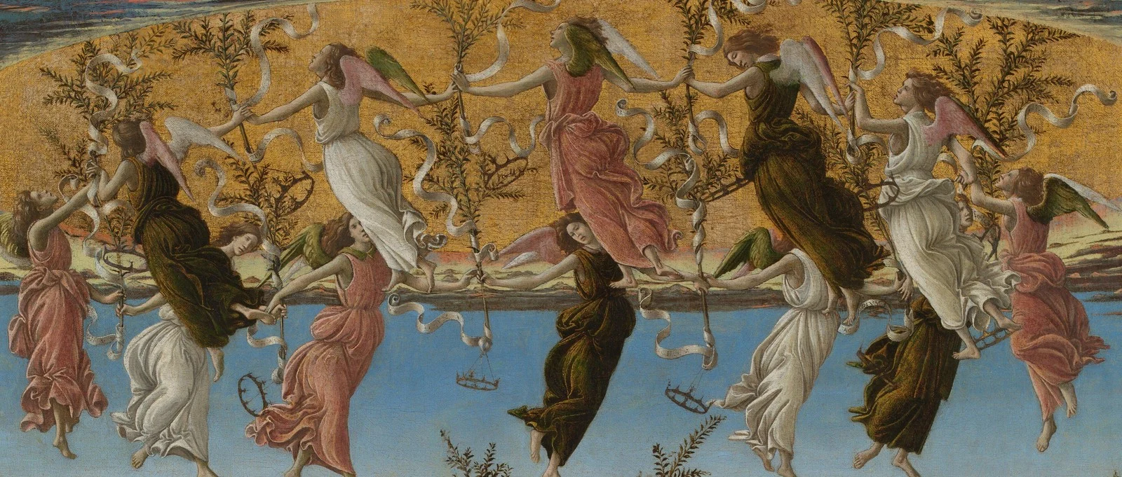 The angels hold olive branches hung with crowns and scrolls. Their dance is the picture's version of the song: glory to God in the highest, and on earth peace.