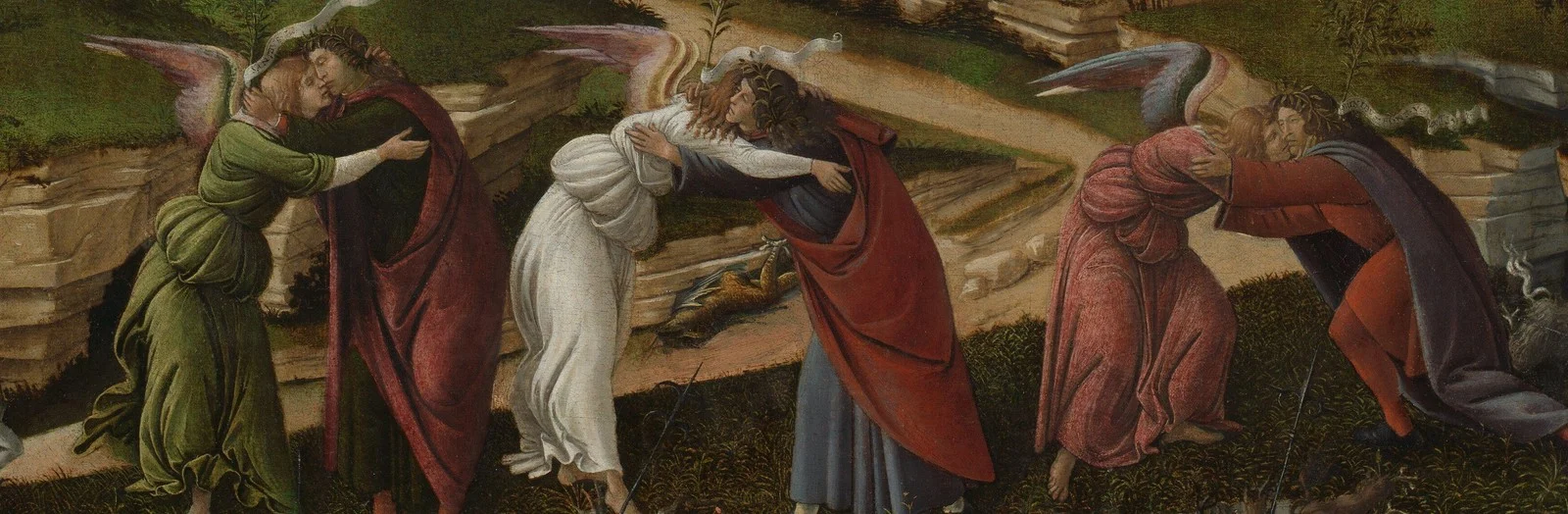 Three angels embrace three men. At their feet the devils disappear into the ground.