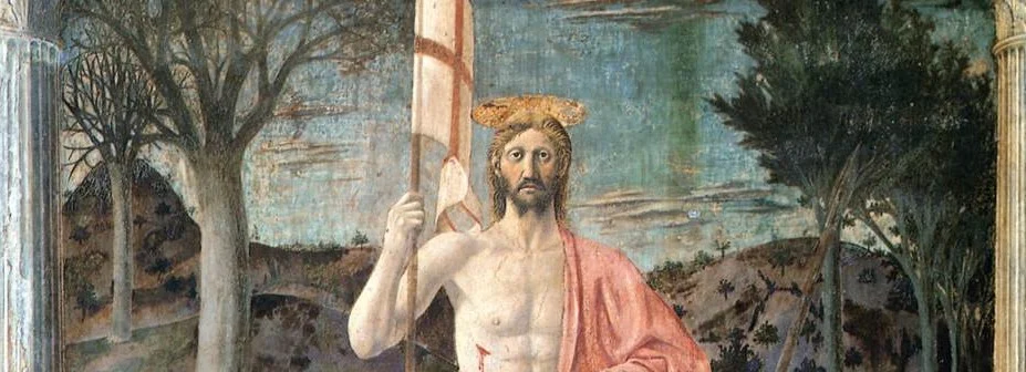 To the left of Christ the trees are bare, to the right they are in leaf. The landscape passes from winter to spring across his body.