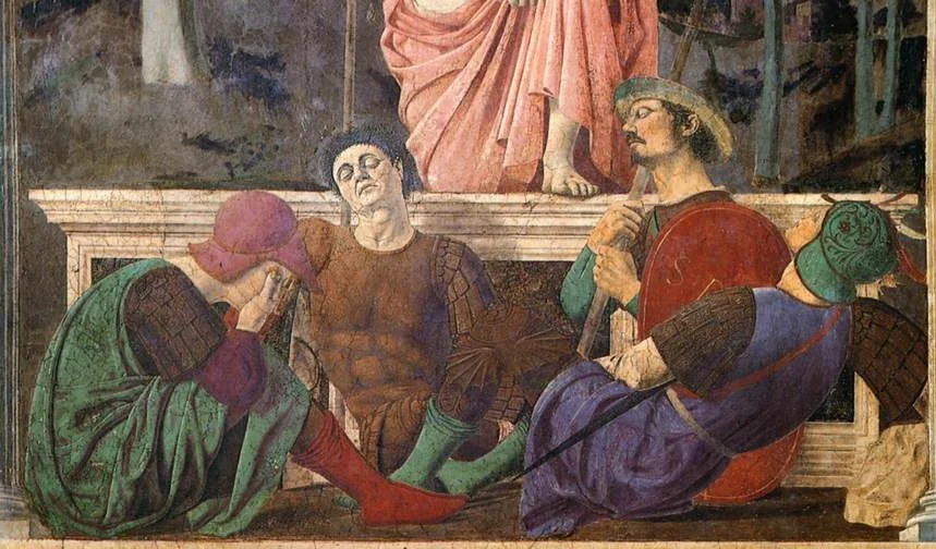 Four guards sleep against the tomb. Christ sets one foot on its edge, as if stepping over a threshold.