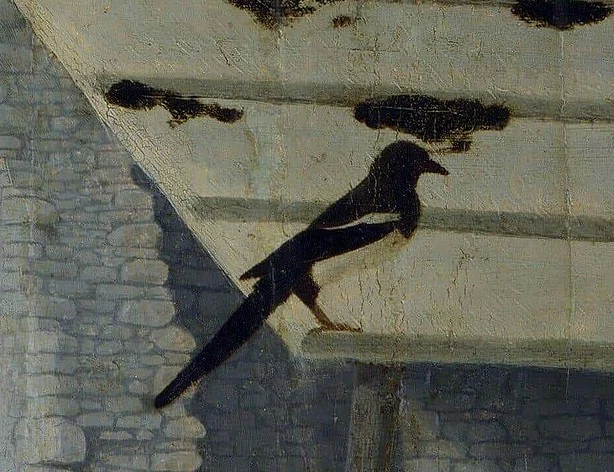 On the roof sits a magpie, a bird that is normally never silent.